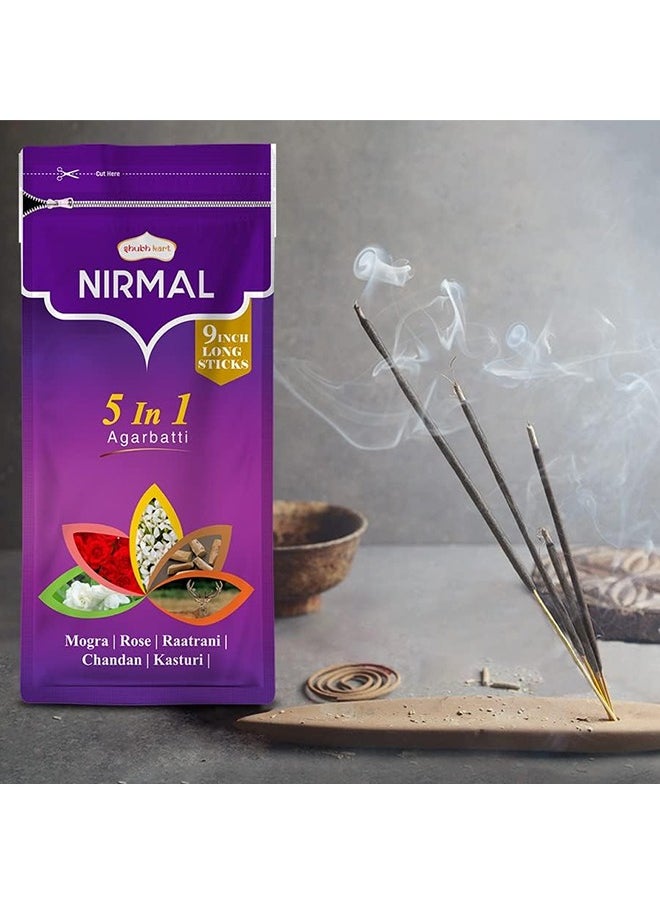 Nirmal 5 in 1 Agarbatti Zipper Pack 150grams - 9 Inch Long Sticks (Pack of 2)– 22.86cm Long Sticks (Combo of 2)|Rose, Mogra, Chandan, Kasturi & Raatrani Fragrance| Charcoal Free  - Image 3