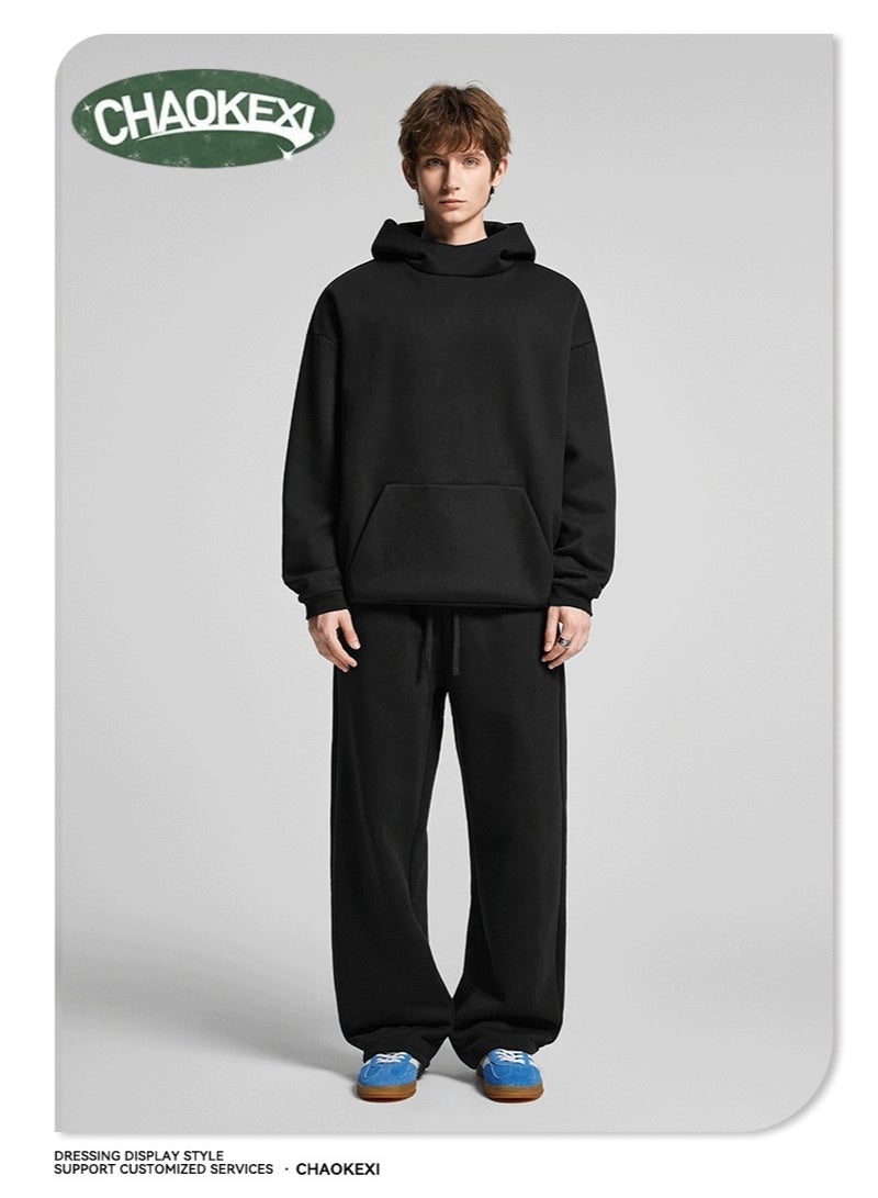CHAOKEXI American Retro Men's Fleece-Lined Hoodie Set, Autumn/Winter Street Style Loose-Fitting Hoodie Two-Piece Set, Sporty Casual High-Neck Warm (Black) - Image 1