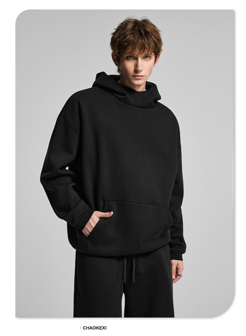 CHAOKEXI American Retro Men's Fleece-Lined Hoodie Set, Autumn/Winter Street Style Loose-Fitting Hoodie Two-Piece Set, Sporty Casual High-Neck Warm (Black) - Image 4