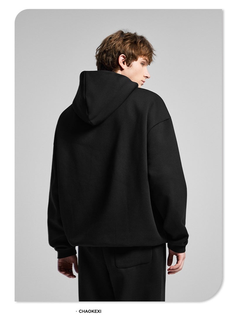 CHAOKEXI American Retro Men's Fleece-Lined Hoodie Set, Autumn/Winter Street Style Loose-Fitting Hoodie Two-Piece Set, Sporty Casual High-Neck Warm (Black) - Image 5