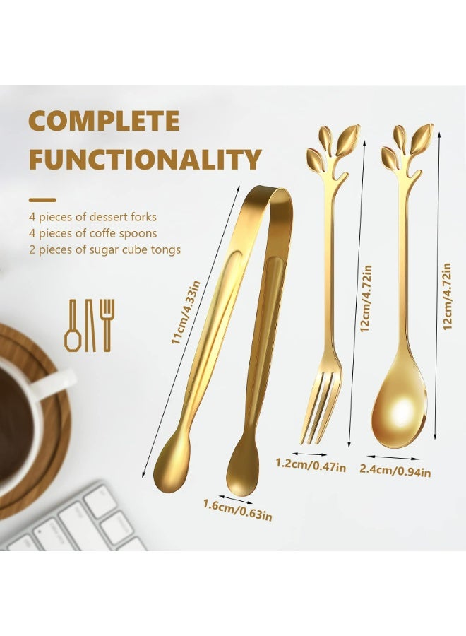 Sakina 10 Pieces Stainless Steel Leaf Coffee Spoons , Dessert Forks and Mini Serving Tongs, Gold Kitchen Utensils, Ideal for Coffee Tea Dessert and Salad - Image 2