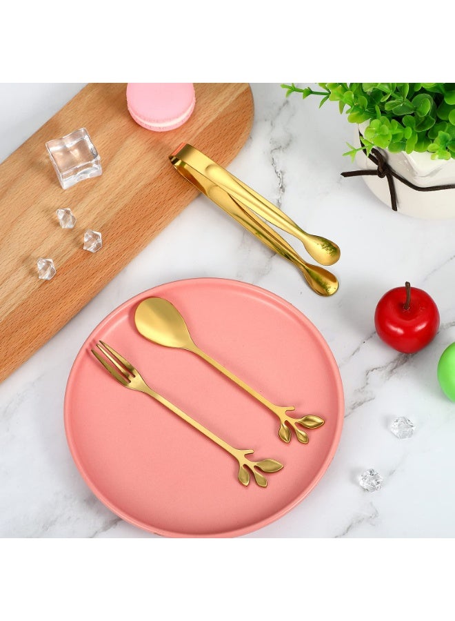Sakina 10 Pieces Stainless Steel Leaf Coffee Spoons , Dessert Forks and Mini Serving Tongs, Gold Kitchen Utensils, Ideal for Coffee Tea Dessert and Salad - Image 3