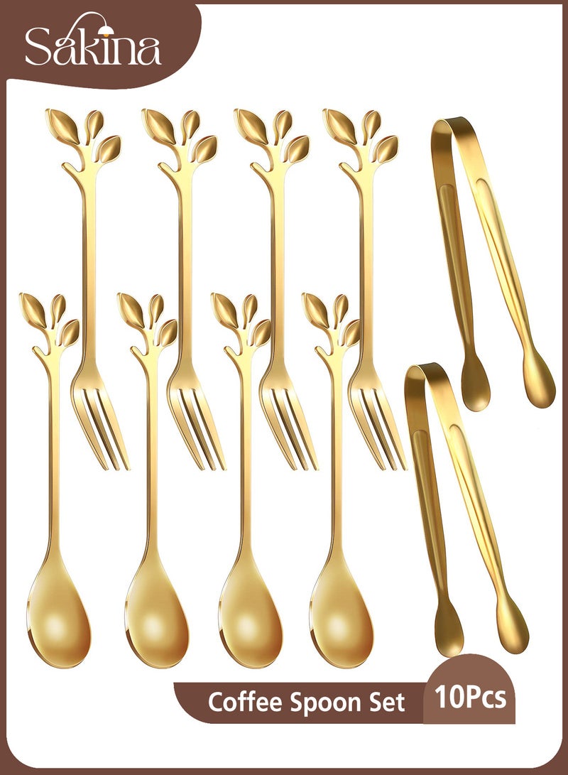 Sakina 10 Pieces Stainless Steel Leaf Coffee Spoons , Dessert Forks and Mini Serving Tongs, Gold Kitchen Utensils, Ideal for Coffee Tea Dessert and Salad - Image 1