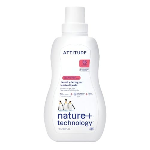 ATTITUDE Liquid Laundry Detergent EWG Verified HE Compatible PlantBased Vegan Natural Laundry Soap Pink Grapefruit Scent 35 Loads 355 Fl Oz
