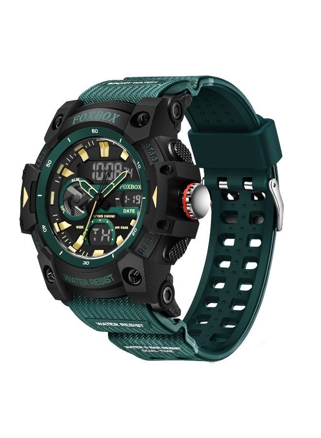 FOXBOX Cool and Stylish Digital Analog Watches for Men with Dual Display of Week/Calendar, Large Dial, Waterproof, Outdoor Sports, Luminous Pointer,Silicone Green Strap Quartz Mens Watches - Image 1