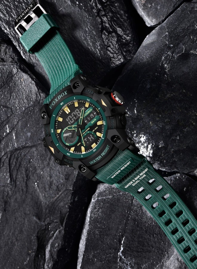 FOXBOX Cool and Stylish Digital Analog Watches for Men with Dual Display of Week/Calendar, Large Dial, Waterproof, Outdoor Sports, Luminous Pointer,Silicone Green Strap Quartz Mens Watches - Image 5