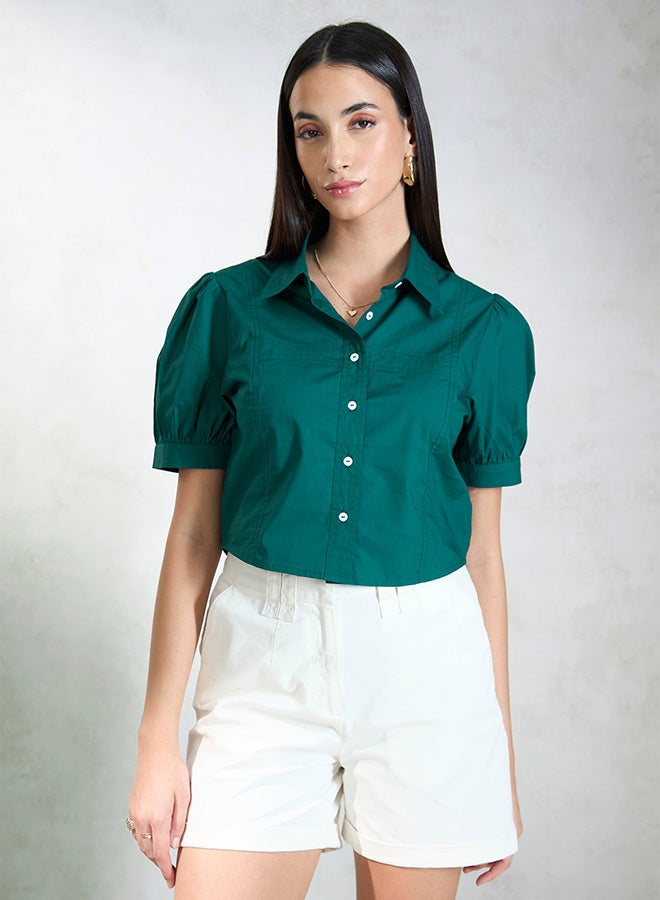 Virgio VIRGIO 100% Cotton Green Shirt With Puff Sleeve - Image 2