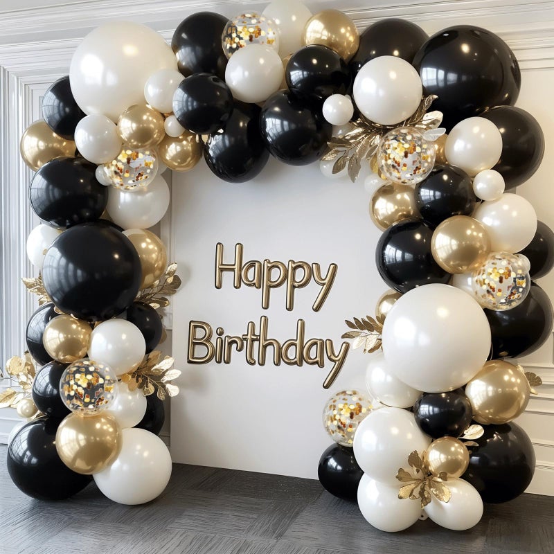 Black Gold White Balloons Arch Kit Double Stuffed Pearl Sand White Black Chrome Gold with Confetti Balloon Garland for Birthday Graduation Fathers Day New Years Party Decoration