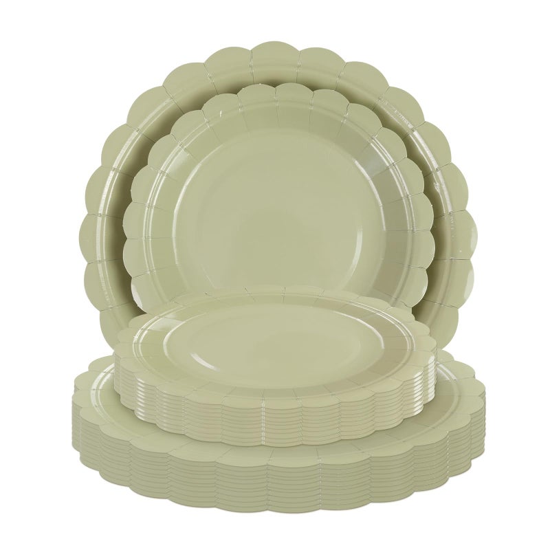 LDFDRT Sage Green Paper Plates 25 * 7"" &25 * 9"" Party Cake Dessert Scalloped Paper Plates Disposable Party Supplies Decorative for Birthday Baby Shower Wedding - Image 1