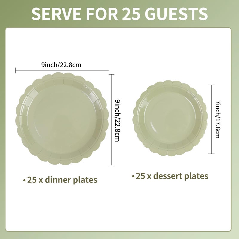 LDFDRT Sage Green Paper Plates 25 * 7"" &25 * 9"" Party Cake Dessert Scalloped Paper Plates Disposable Party Supplies Decorative for Birthday Baby Shower Wedding - Image 2