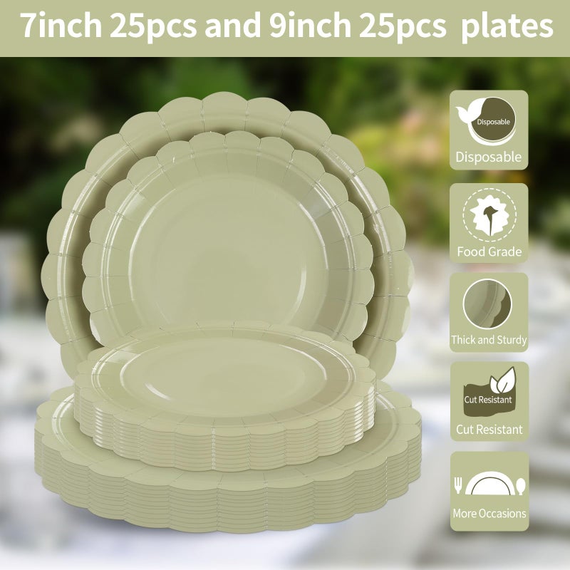 LDFDRT Sage Green Paper Plates 25 * 7"" &25 * 9"" Party Cake Dessert Scalloped Paper Plates Disposable Party Supplies Decorative for Birthday Baby Shower Wedding - Image 3