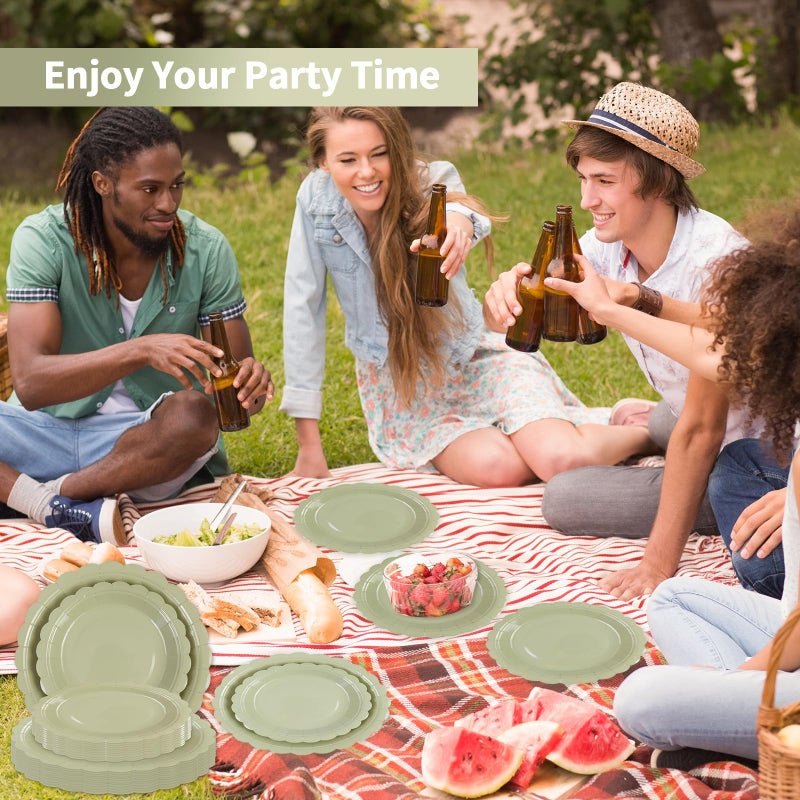 LDFDRT Sage Green Paper Plates 25 * 7"" &25 * 9"" Party Cake Dessert Scalloped Paper Plates Disposable Party Supplies Decorative for Birthday Baby Shower Wedding - Image 5