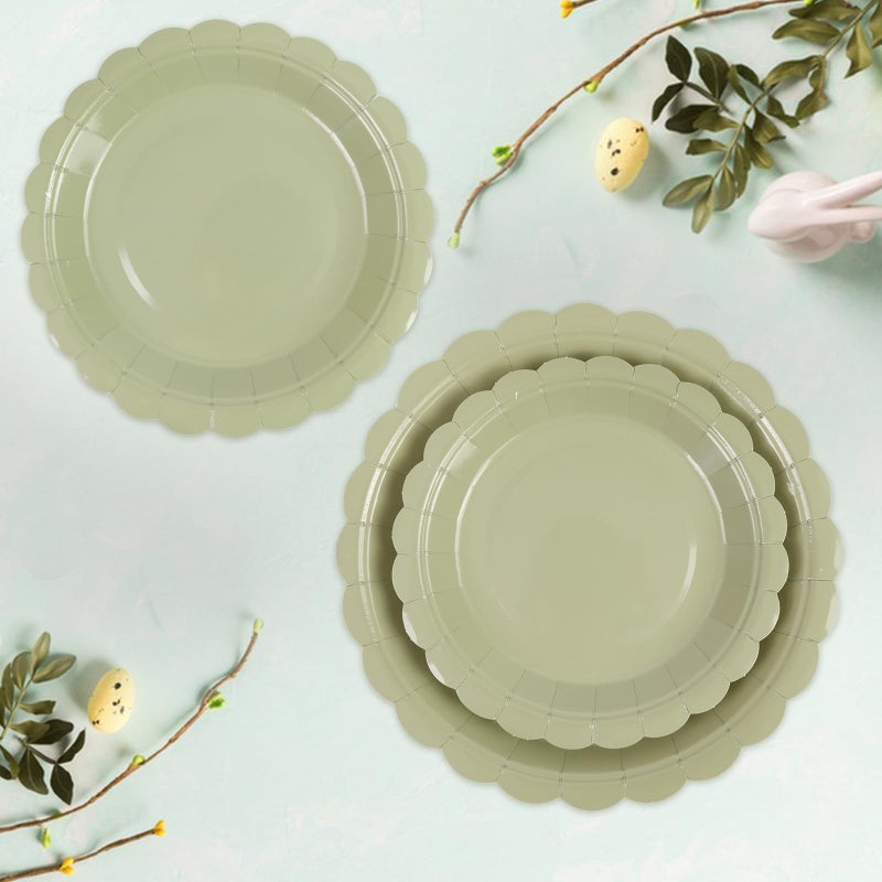 LDFDRT Sage Green Paper Plates 25 * 7"" &25 * 9"" Party Cake Dessert Scalloped Paper Plates Disposable Party Supplies Decorative for Birthday Baby Shower Wedding - Image 4