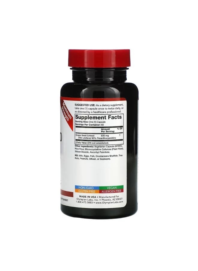 Olympian Labs Grape Seed Extract Maximum Strength 600 mg 60 Vegetarian Capsules  - Image 2