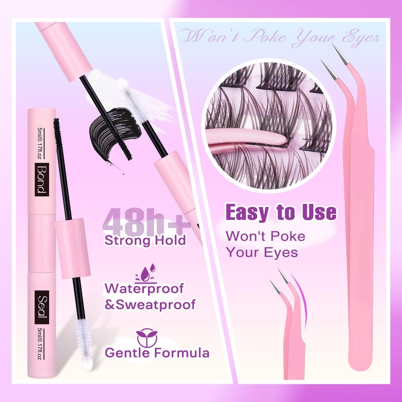Newcally Natural Lash Clusters Kit DIY Lash Extension Kit Wispy Cluster Eyelash Extension 10-16MM C-curly Individual Lashes Kit Lash Bond and Seal by Newcally - Image 4