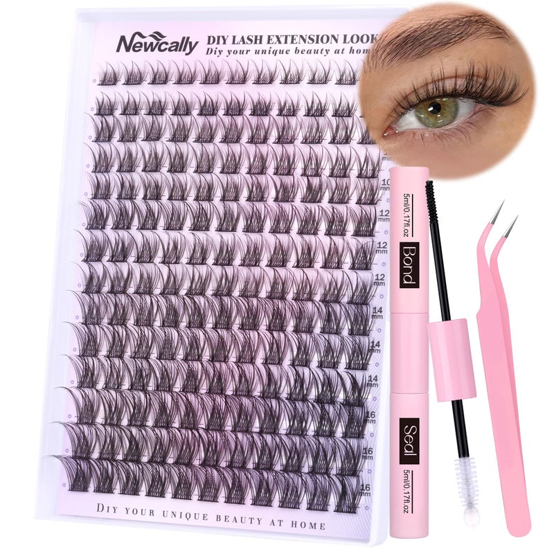 Newcally Natural Lash Clusters Kit DIY Lash Extension Kit Wispy Cluster Eyelash Extension 10-16MM C-curly Individual Lashes Kit Lash Bond and Seal by Newcally - Image 1