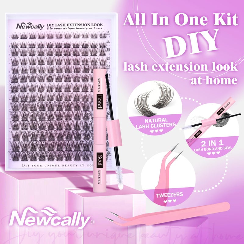 Newcally Natural Lash Clusters Kit DIY Lash Extension Kit Wispy Cluster Eyelash Extension 10-16MM C-curly Individual Lashes Kit Lash Bond and Seal by Newcally - Image 2