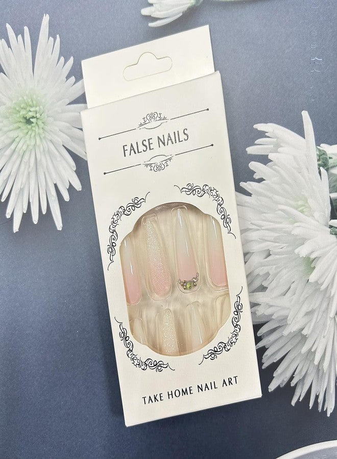 TBRZTR Gradient Press on Nails Long Length Water Droplets Shaped False Nails Glitter Powder and Rhinestones Design Fake Nails Artificial Acrylic Nails Full Cover Reusable Coffin Nails Glue on Nails for Women - Image 5