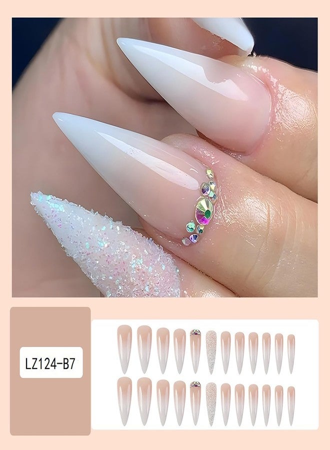 TBRZTR Gradient Press on Nails Long Length Water Droplets Shaped False Nails Glitter Powder and Rhinestones Design Fake Nails Artificial Acrylic Nails Full Cover Reusable Coffin Nails Glue on Nails for Women - Image 3