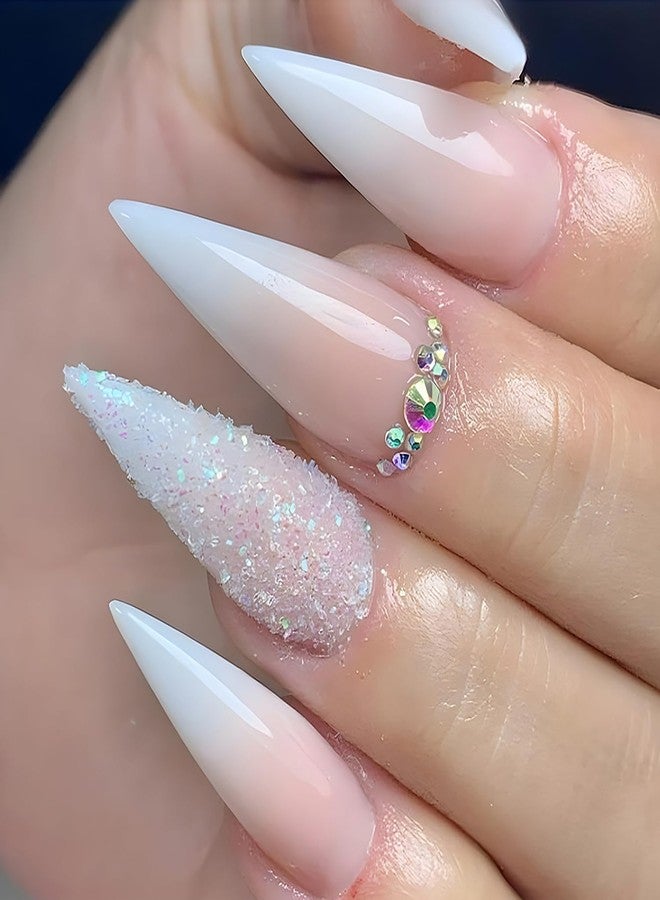 TBRZTR Gradient Press on Nails Long Length Water Droplets Shaped False Nails Glitter Powder and Rhinestones Design Fake Nails Artificial Acrylic Nails Full Cover Reusable Coffin Nails Glue on Nails for Women - Image 1