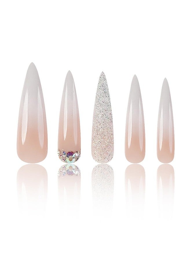 TBRZTR Gradient Press on Nails Long Length Water Droplets Shaped False Nails Glitter Powder and Rhinestones Design Fake Nails Artificial Acrylic Nails Full Cover Reusable Coffin Nails Glue on Nails for Women - Image 2