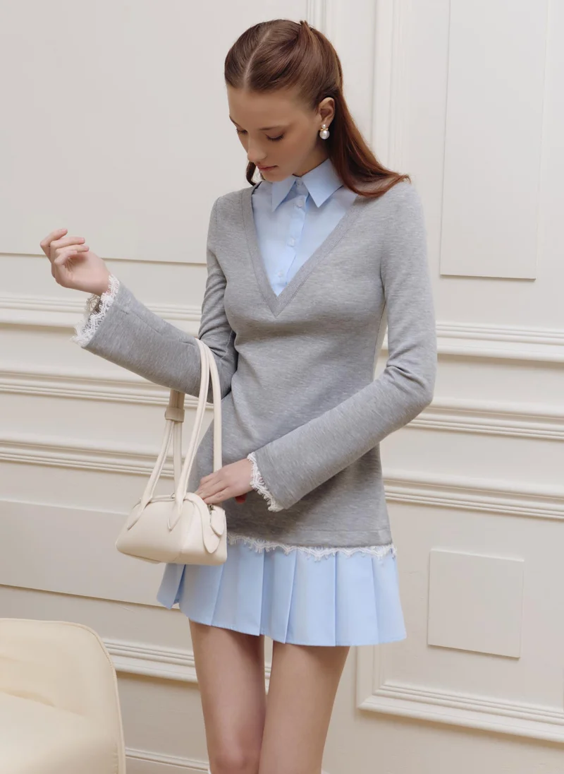 Lichi Mini dress in two materials with lace decoration