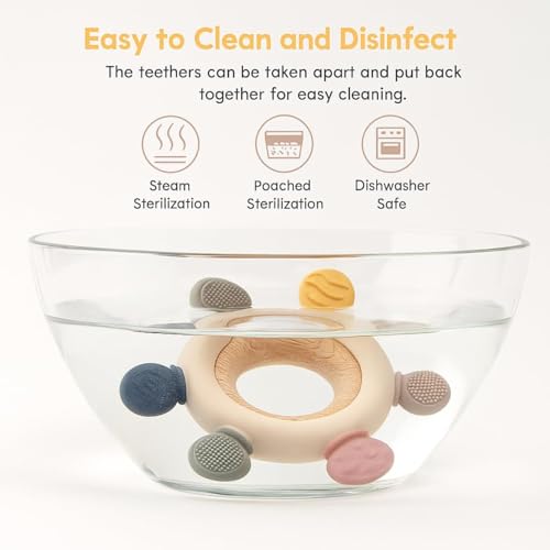 UTPATI Silicone & Wooden Baby Teether for 3+ Months, BPA Free Soft Teething Toy, Safe Teether for Infants, Round Shape, Silicone Rudder with Wooden Ring Soothe Babies Gums (Beige) - Image 4