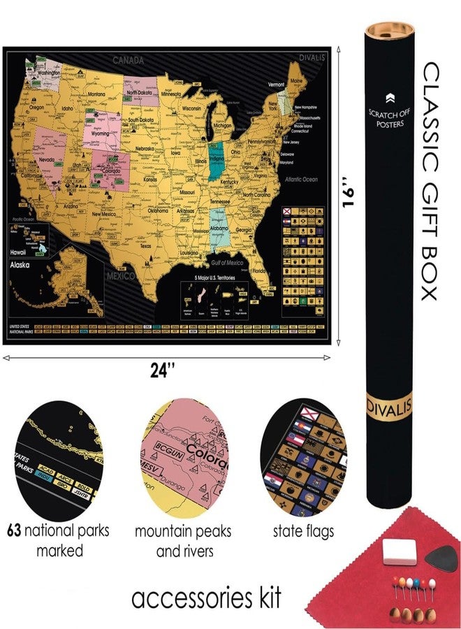 Divalis خريطة مفصلة للولايات المتحدة الأمريكية قابلة للخدش مع أداة للخدش - مقاس 24 × 16 بوصة، سهلة التأطير، ملصق سفر قابل للخدش يضم 63 متنزهًا وطنيًا في الولايات المتحدة الأمريكية - خريطة كبيرة قابلة للخدش للولايات المتحدة الأمريكية مع معالم بارزة وأعلام الولايات - Image 3