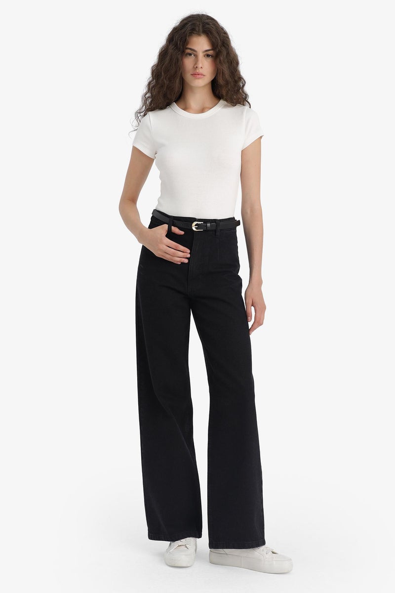DeFacto Black Woman Wide Leg Regular Hem Jean Trousers Casual - Image 4