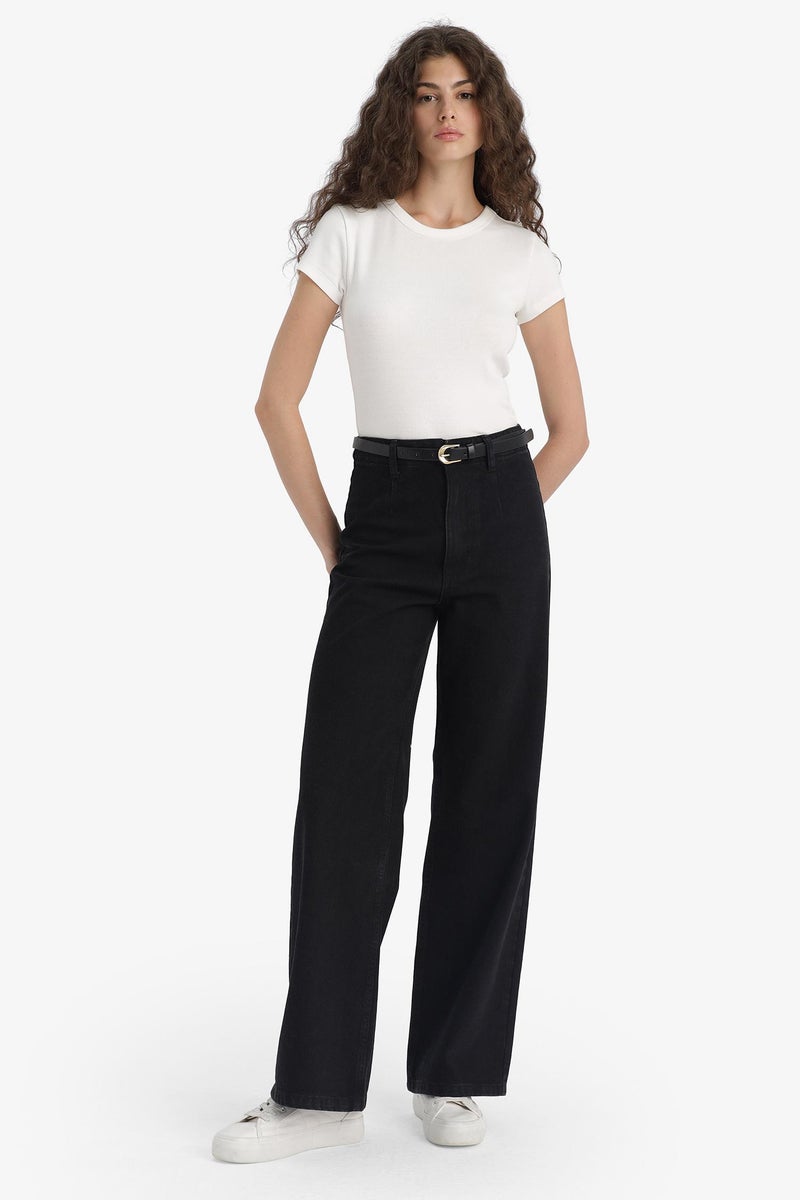 DeFacto Black Woman Wide Leg Regular Hem Jean Trousers Casual - Image 3