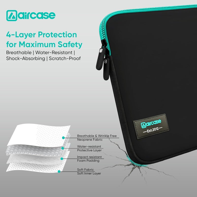 AirCase غطاء كمبيوتر محمول من النيوبرين مقاس 15.6 بوصة لماك بوك، ديل، إتش بي، لينوفو، والمزيد | مقاوم للماء، بطانة مضادة للصدمات، مقاوم للخدوش | تصميم نحيف، خالي من التجاعيد، مناسب لأمن TSA (أسود-أخضر) - Image 2