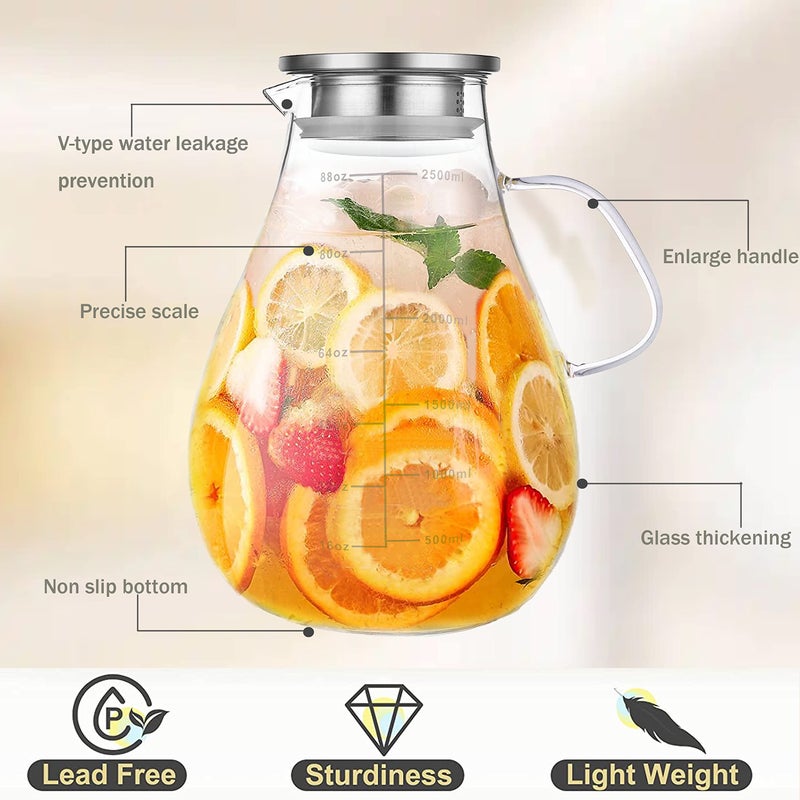 Liuruiyu Glass Pitcher with Lid,88 Ounces -2500ml with Precise Scale Line, Hot/Cold Water Jug, Juice and Iced Tea Beverage Carafe with Lid  - Image 2