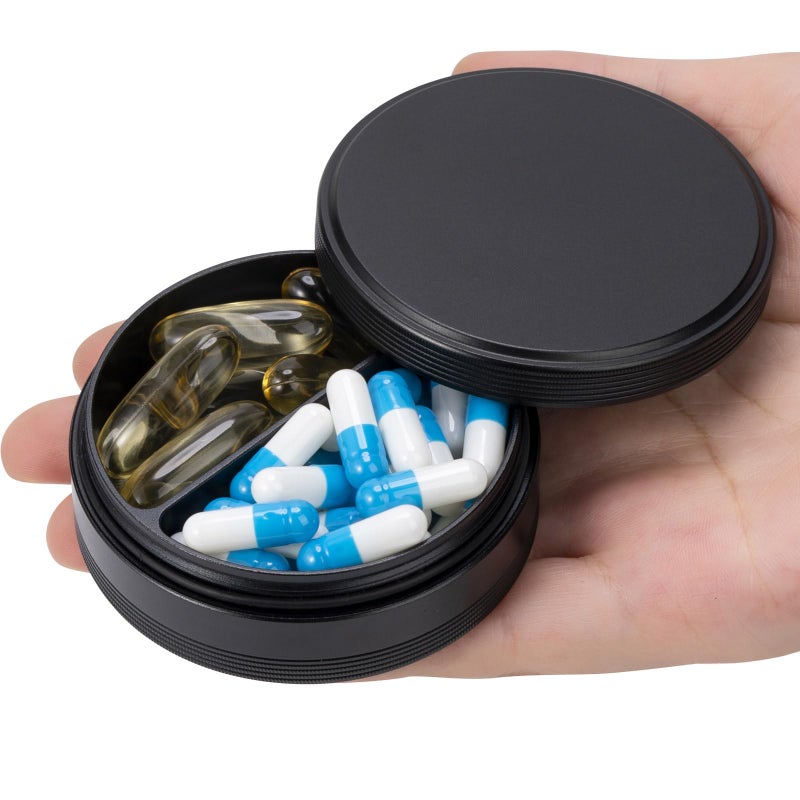 SOBAHIDO Pill Box 2 Compartment Pill Case - Portable Metal Travel Pill Container for Pocket or Purse, Waterproof Pill Organizer Holder for Medicine Vitamin Fish Oil and Supplements - Image 1