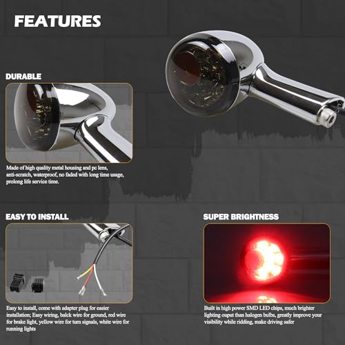 MotoParAcc Chrome Bullet Rear LED Turn Signals, Motorcycle Brake Taillights 12V Tail Lights Compatible with Halrey Sportster 1200 883 Softail Fatboy 1990-2024 - Image 4