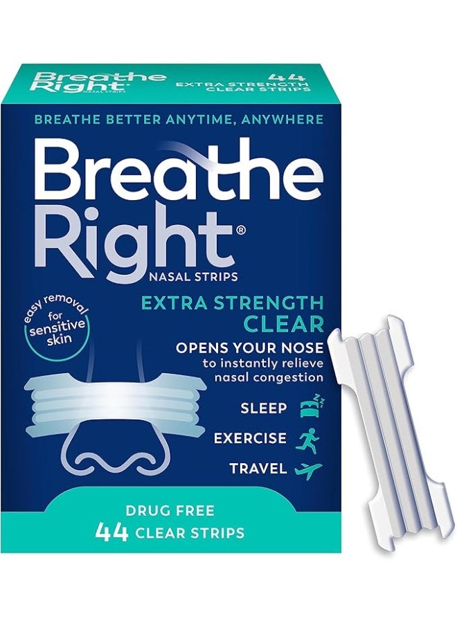 Breathe Right Extra Clear DrugFree Nasal Strips for Nasal Congestion Relief, 44 Count (Pack of 1) - Packaging May Vary - Image 1