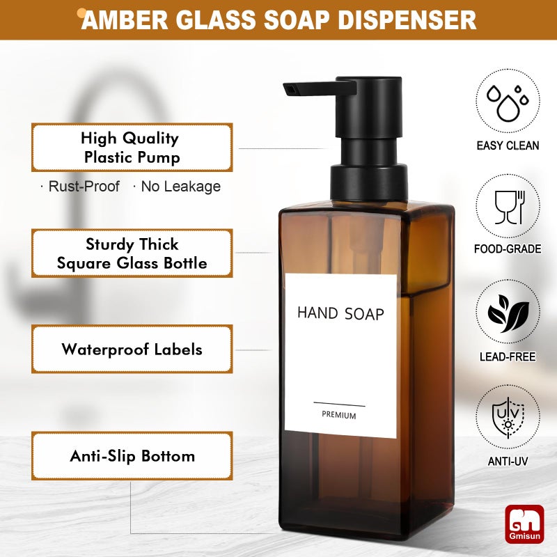 GMISUN Dish Soap Dispenser, 12 Fl oz / 350 ml Dual Soap Dispenser with Sponge Holder, Customized Amber Glass Kitchen Soap Dispensers Set, Modern Hand and Dish Soap Dispensers Set Removable - Image 5