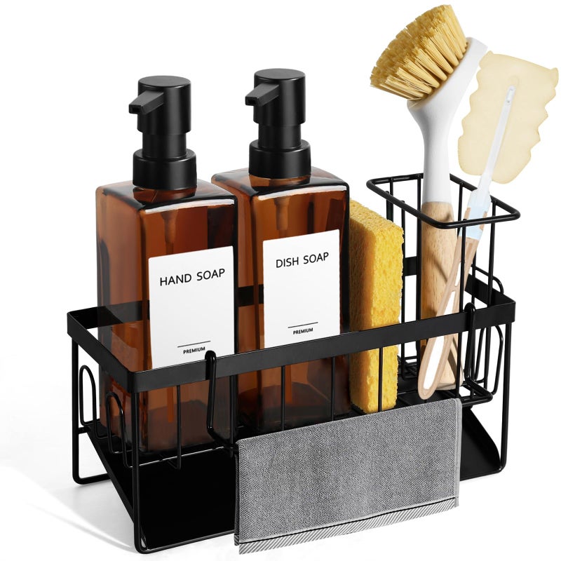 GMISUN Dish Soap Dispenser, 12 Fl oz / 350 ml Dual Soap Dispenser with Sponge Holder, Customized Amber Glass Kitchen Soap Dispensers Set, Modern Hand and Dish Soap Dispensers Set Removable - Image 1