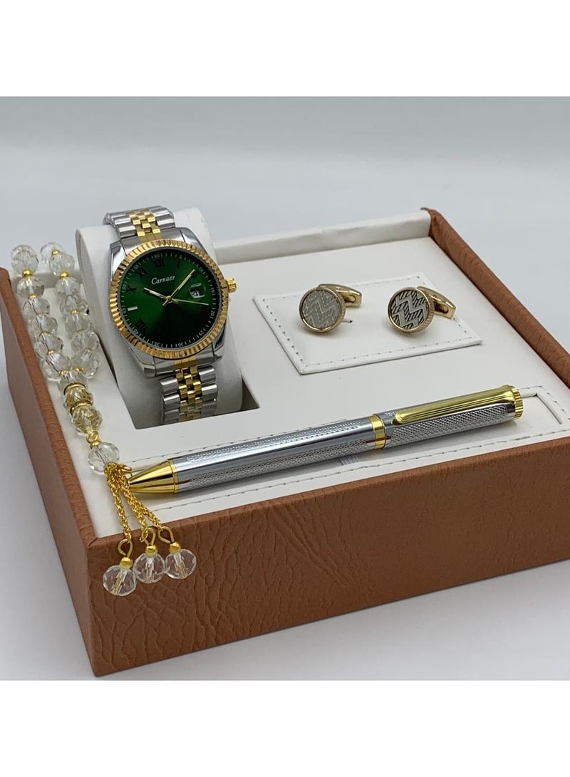 Men's set from Carnaer, consisting of fuor pieces: a watch, a pen, cufflinks, and a rosary.