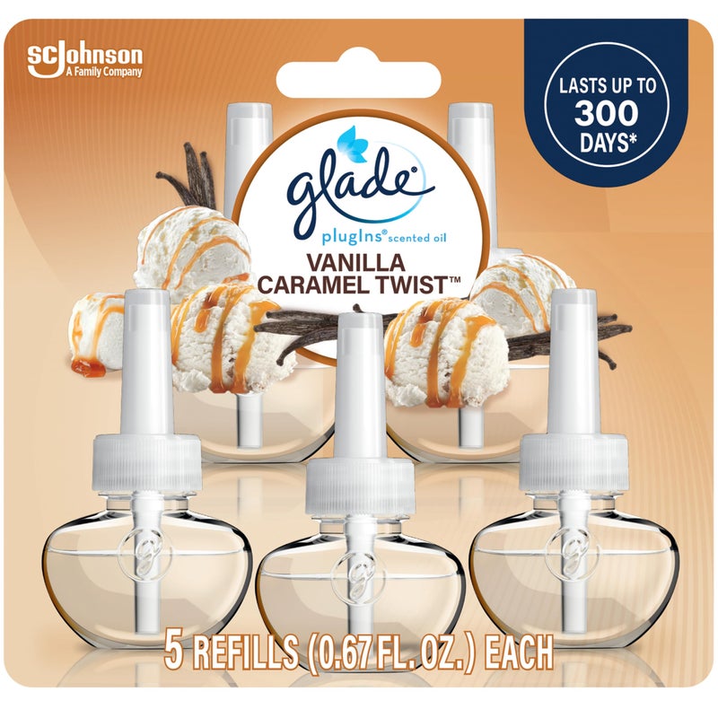 Glade PlugIns Refills Air Freshener, Scented and Essential Oils for Home and Bathroom, Vanilla Caramel Twist, 3.35 Fl Oz, 5 Count - Image 1