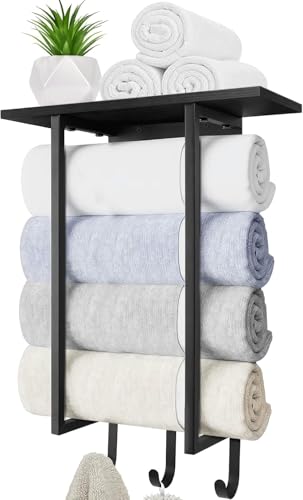 ELITEROO Towel Holder for Bathroom Wall Towel Rack with Shelf and Hooks Hanging Towel Organizer for Small Bathroom Storage Wooden Rolled Towel Shelf for RV Camper Black - Image 1