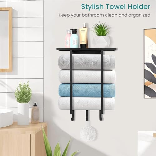 ELITEROO Towel Holder for Bathroom Wall Towel Rack with Shelf and Hooks Hanging Towel Organizer for Small Bathroom Storage Wooden Rolled Towel Shelf for RV Camper Black - Image 3