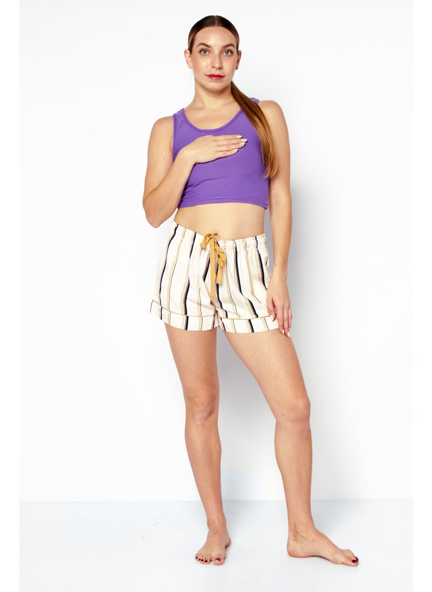 TRIUMPH Women Drawstring Stripe Pajama Shorts, Beige Combo  - Image 3