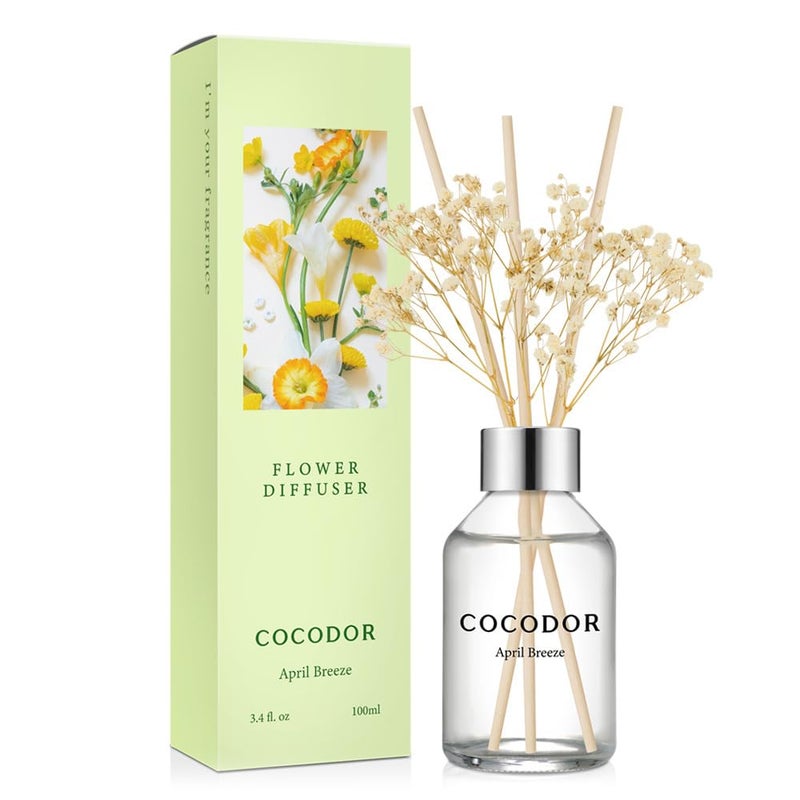 COCODOR Flower Reed Diffuser Set / 3.4oz / April Breeze/Scent Diffuser with Sticks Home Fragrance Reed Diffuser for Bathroom Shelf Decor - Image 1