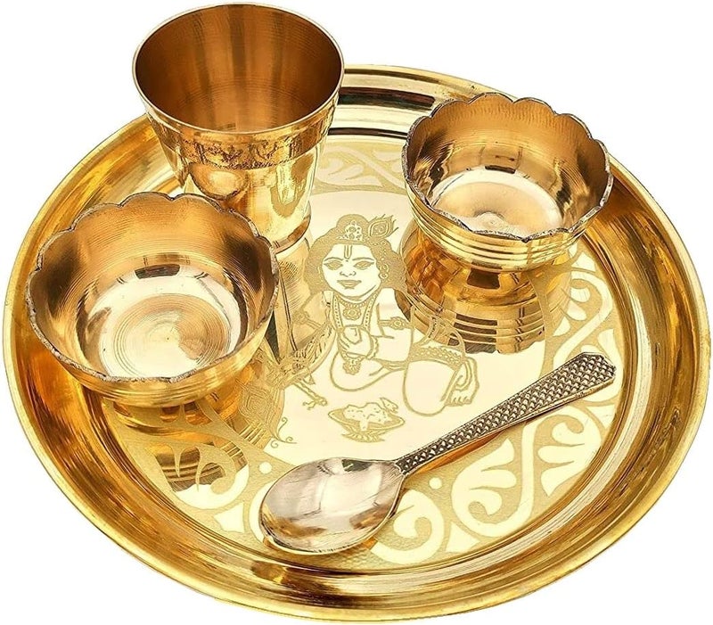 Nobility Brass Laddu Gopal Bhog Thali Small 7 Inch for Krishna Janmashtami Pooja Thali Set Festival Puja Decoration Kanha Bhog Thali for Home Office Mandir Return Gift Items - Image 1