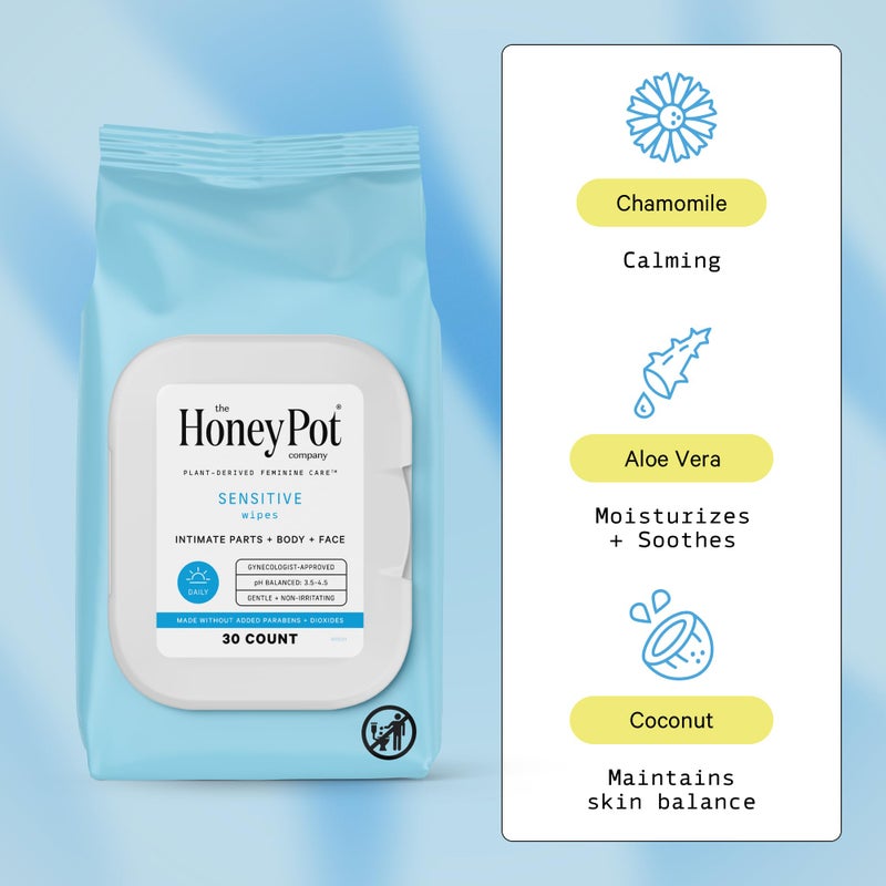 The Honey Pot Company - Feminine Wipes - Daily PH Balancing, Fragrance & Sulfate Free Wipes for Intimate Parts, Body, or Face - Hygiene Products - Sensitive 30 ct - Image 2