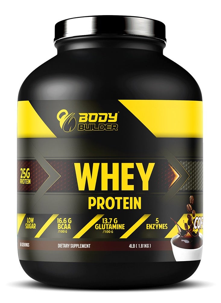 Body Builder Whey Protein, Low Sugar Whey with 5 Digestive Enzymes Coffee, Flavor, 4 Lb 