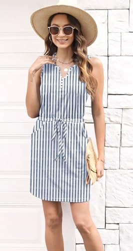 ETCYY Womens Summer Casual Dresses Sleeveless Beach Vacation Sundresses Drawstring Waist Short Striped Dress with Pockets,Striped Thin Blue,Large - Image 3