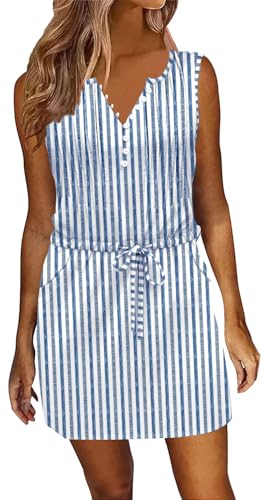 ETCYY Womens Summer Casual Dresses Sleeveless Beach Vacation Sundresses Drawstring Waist Short Striped Dress with Pockets,Striped Thin Blue,Large - Image 1