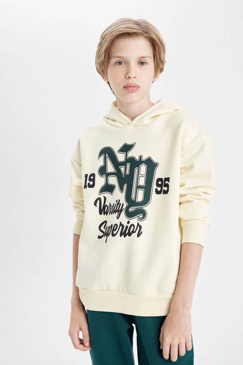 DeFacto Beige Boy Boy Oversize Printed Thick Hoodie Casual - Image 4