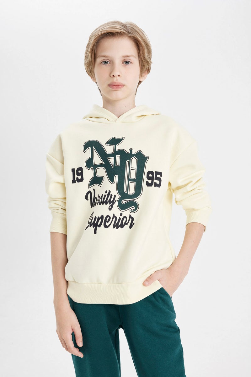 DeFacto Beige Boy Boy Oversize Printed Thick Hoodie Casual - Image 1